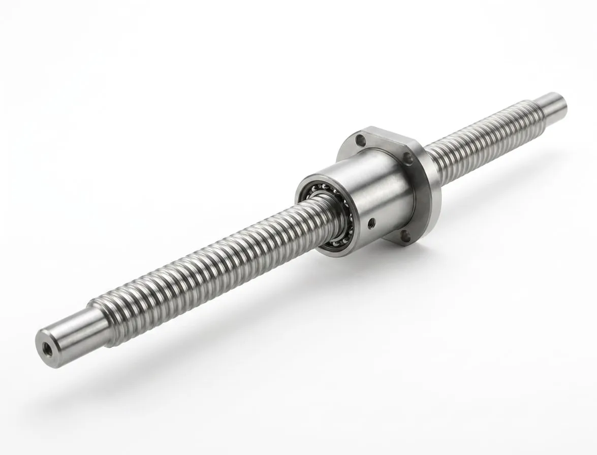 A ground ball screw: a long threaded shaft with machined journals at both ends and a flanged single nut mounted mid-span, its ball track visible through the port.