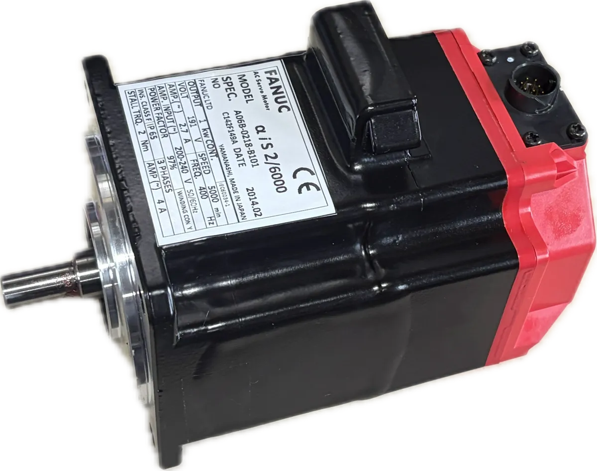 A Fanuc alpha-iS 2/6000 AC servo motor, nameplate legible: 1 kW continuous, 191 volts, 5000 rpm, 2 Nm stall torque, insulation class F, IP65.