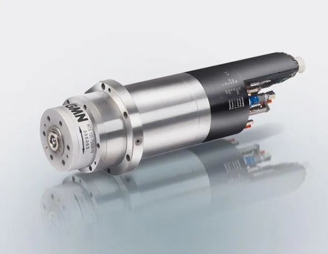 A GMN motorized spindle: a polished cylindrical body with a bolted front flange, the motor section behind it, and coolant and sensor connections at the rear.