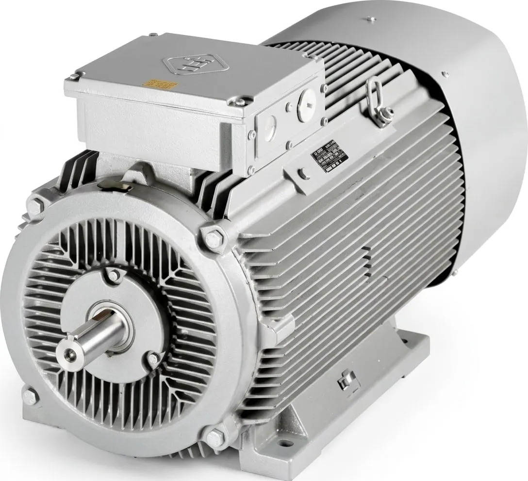 A foot-mounted industrial AC induction motor: finned cast housing, terminal box on top, lifting eye, nameplate on the side, and the drive shaft projecting from the front end bell.