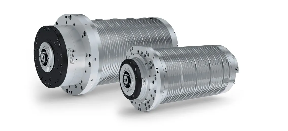 Two Kessler MTline motorized spindles of different lengths, showing the finned motor housing and the bolted front flange each one mounts by.
